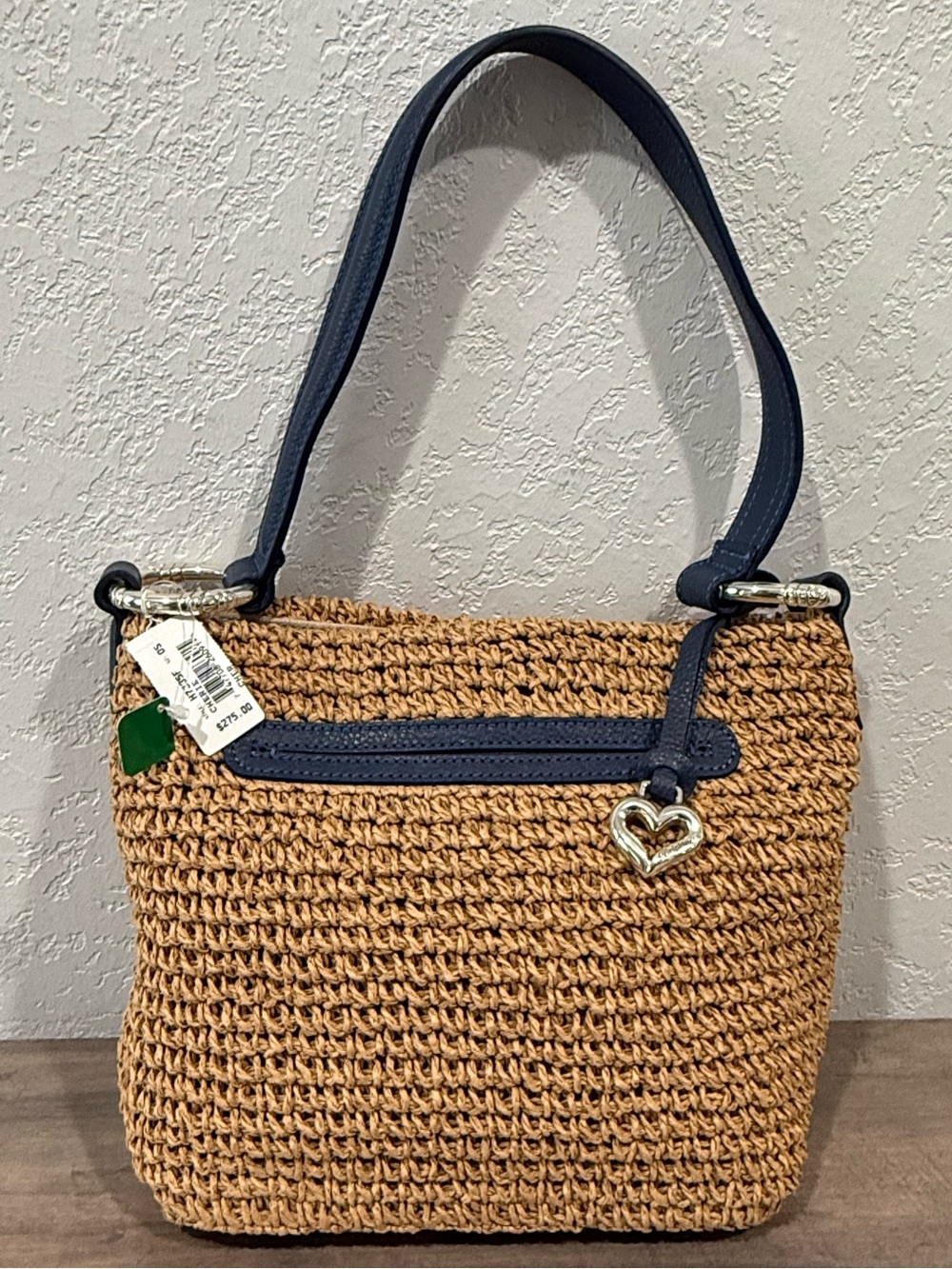 Brighton - Straw Woven Shoulder Bag with Navy Trim and Heart Charm